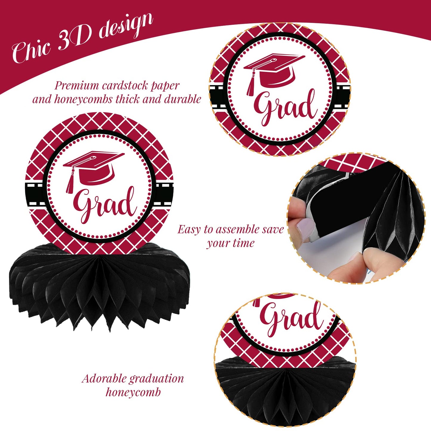 10PCS Class of 2023 Graduation Party Decorations 2023 Congrats Grad Honeycomb Centerpieces Congratulate Graduation Table Toppers for Graduation Party Favor Supplies(Black Maroon)
