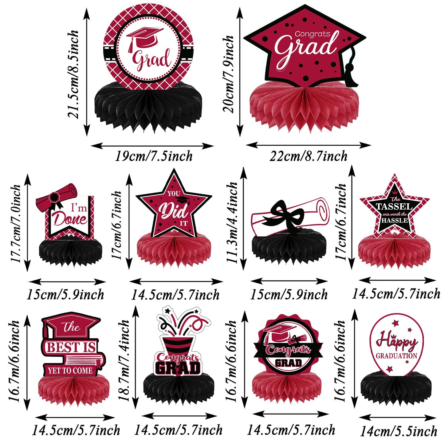 10PCS Class of 2023 Graduation Party Decorations 2023 Congrats Grad Honeycomb Centerpieces Congratulate Graduation Table Toppers for Graduation Party Favor Supplies(Black Maroon)